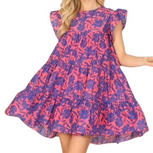 Flutter Sleeve Tiered Cotton Mini Dress Floral Print - Picture 4 of 13